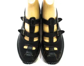Size 5 Black 1940s Peep Toe Shoes - Small Size 5B Open Toe Platforms - Double Buckle Strap Wedges - Casual Late 40s Sandals - NOS Deadstock